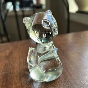 Clear Art Glass Cat owl Paperweight Figurine 4”T Big Eyes